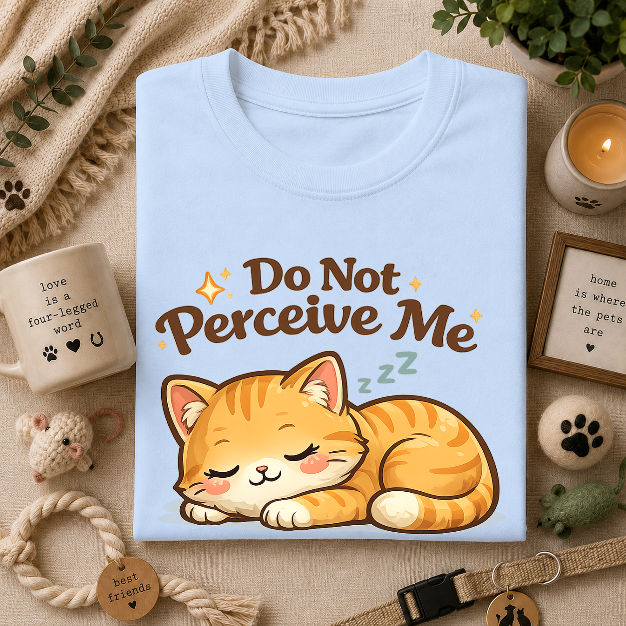 Cat T-Shirt — "Do Not Perceive Me" Cute Sleeping Orange Cat Tee