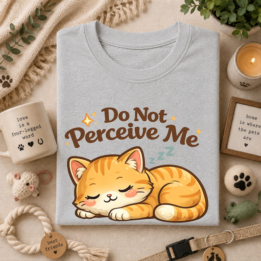 Cat T-Shirt — "Do Not Perceive Me" Cute Sleeping Orange Cat Tee
