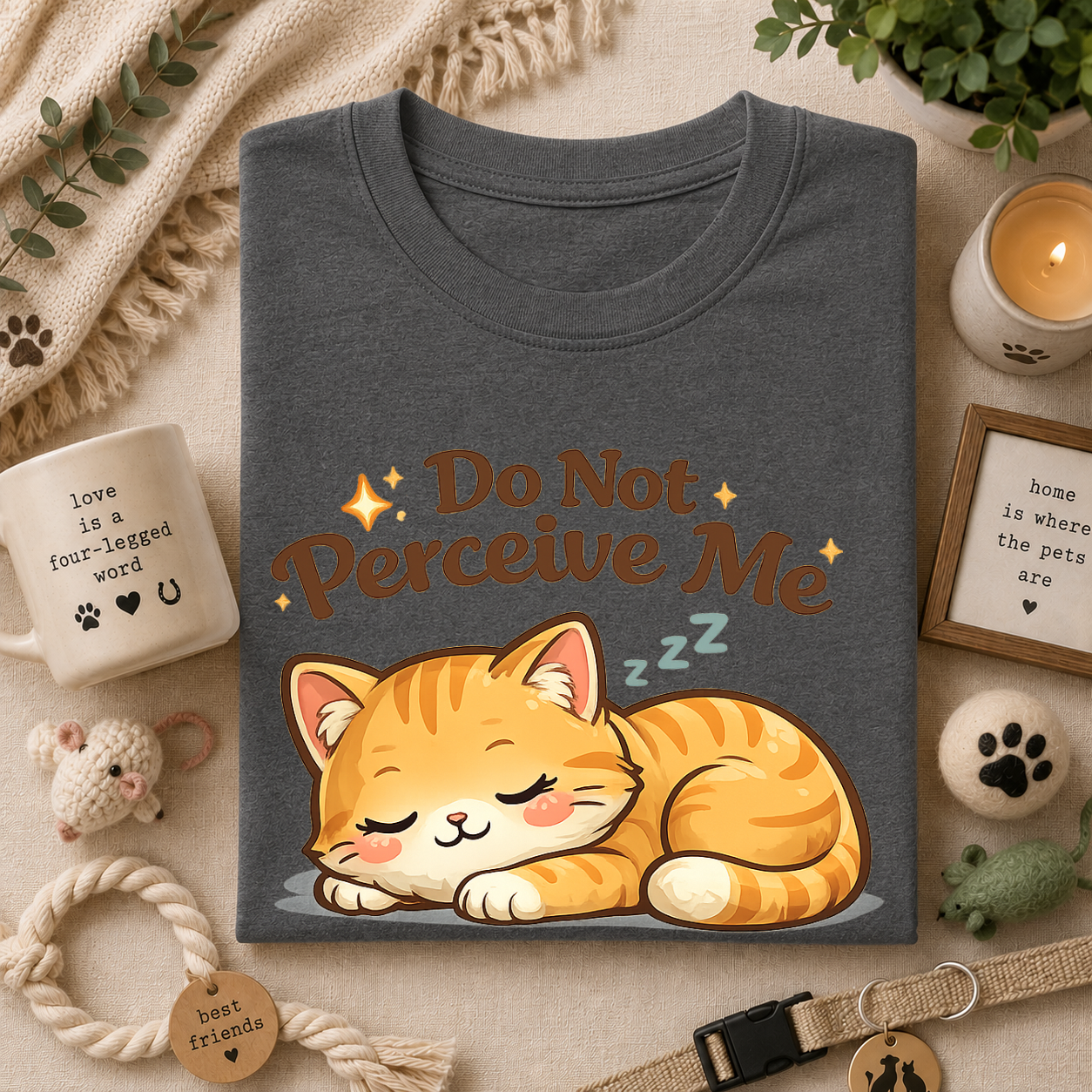Cat T-Shirt — "Do Not Perceive Me" Cute Sleeping Orange Cat Tee