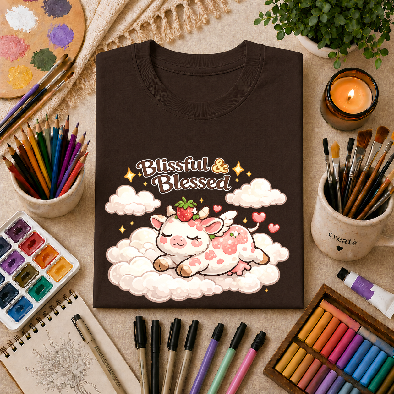 Blissful & Blessed Cute Strawberry Cow T-Shirt — Cozy Gift Tee