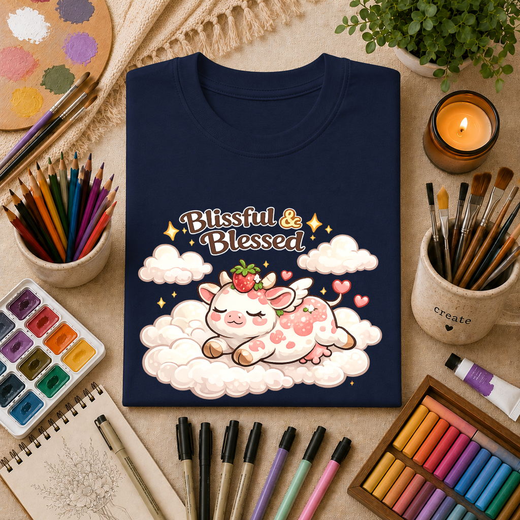 Blissful & Blessed Cute Strawberry Cow T-Shirt — Cozy Gift Tee