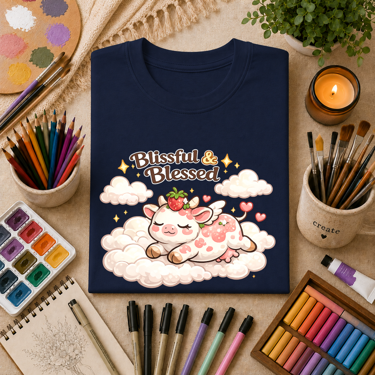 Blissful & Blessed Cute Strawberry Cow T-Shirt — Cozy Gift Tee