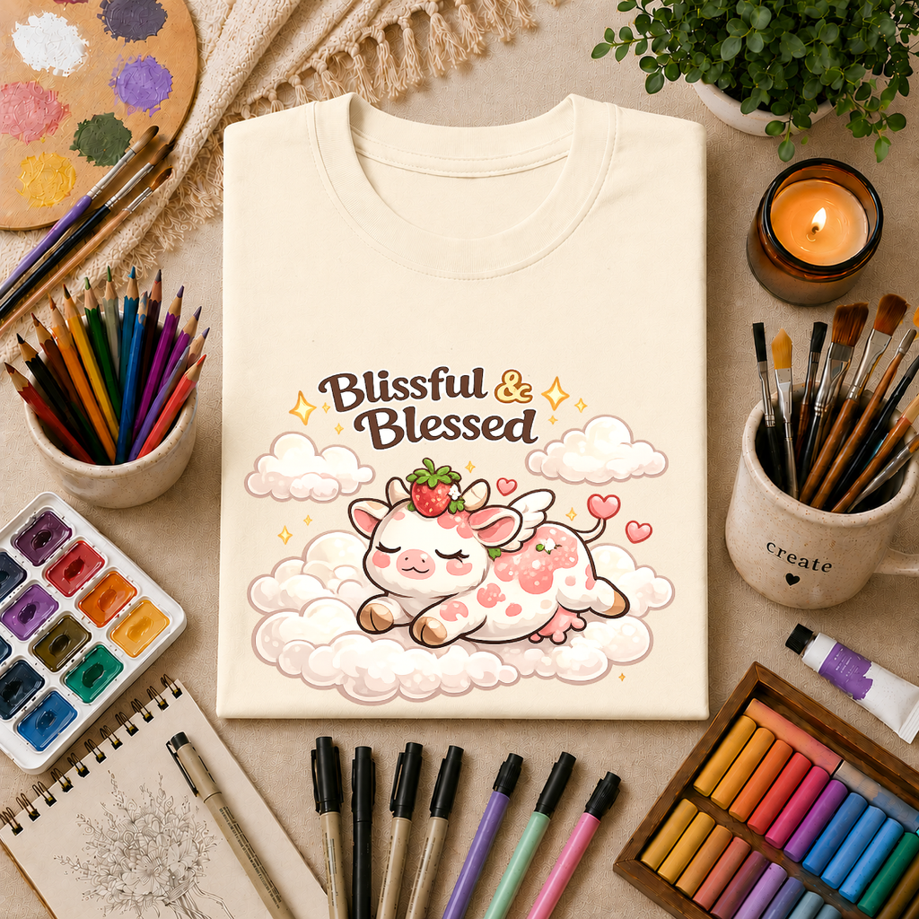 Blissful & Blessed Cute Strawberry Cow T-Shirt — Cozy Gift Tee