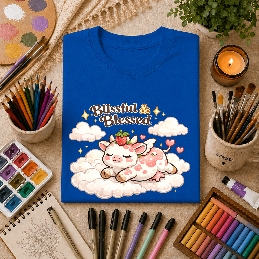 Blissful & Blessed Cute Strawberry Cow T-Shirt — Cozy Gift Tee