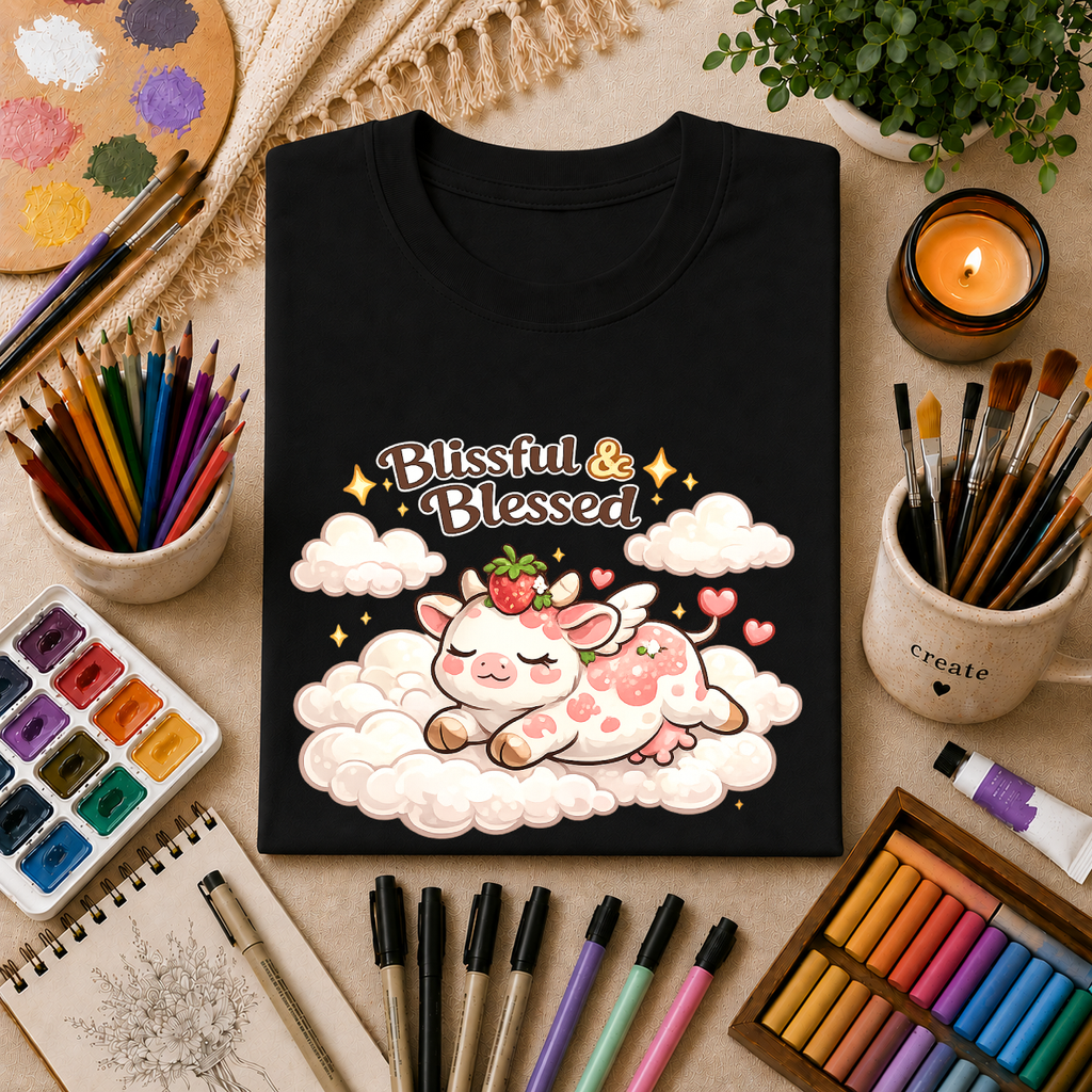 Blissful & Blessed Cute Strawberry Cow T-Shirt — Cozy Gift Tee