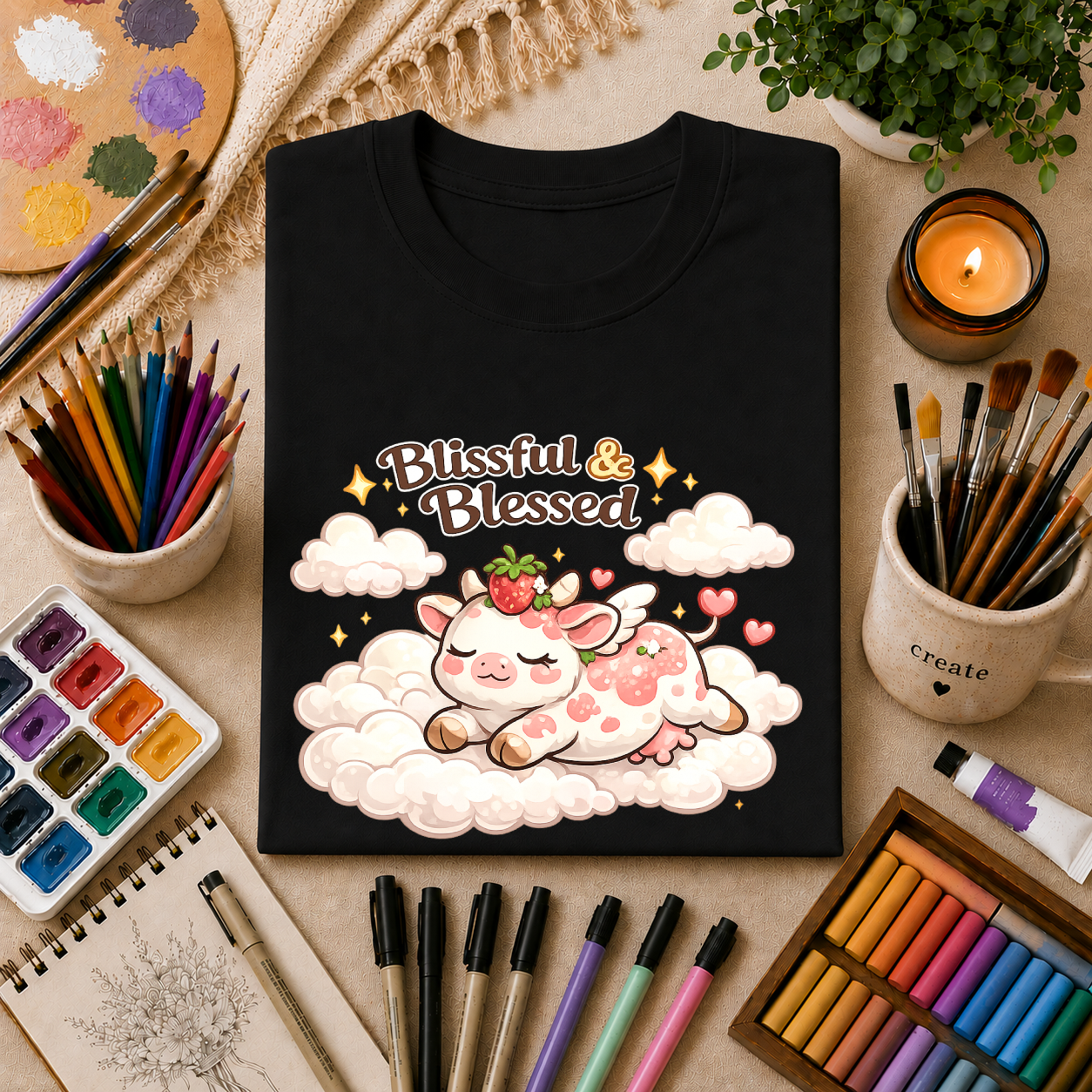Blissful & Blessed Cute Strawberry Cow T-Shirt — Cozy Gift Tee