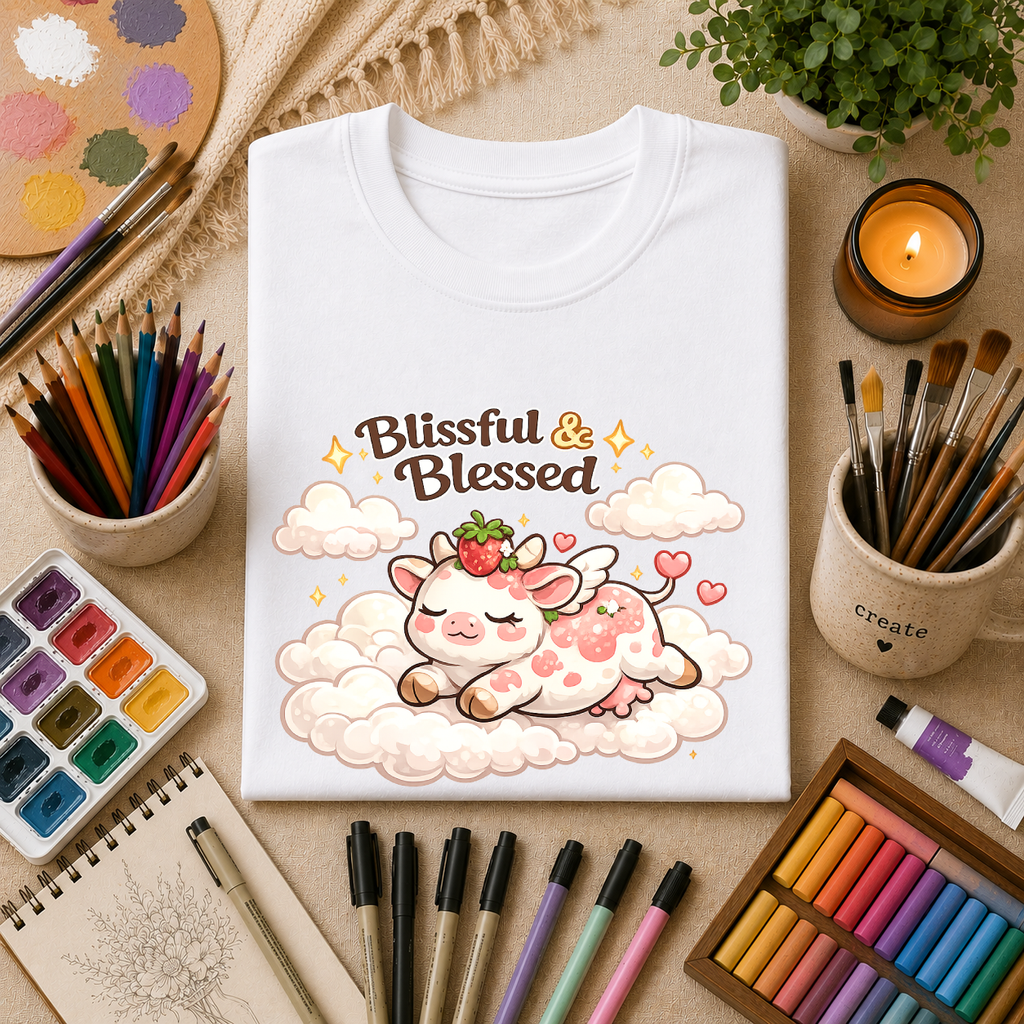 Blissful & Blessed Cute Strawberry Cow T-Shirt — Cozy Gift Tee