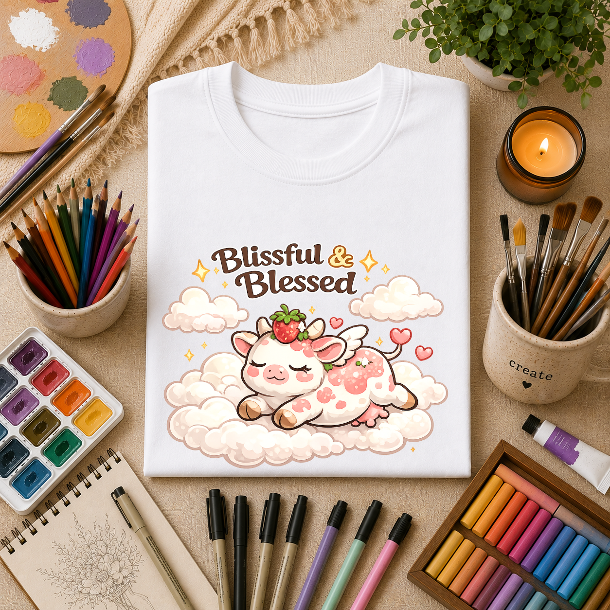 Blissful & Blessed Cute Strawberry Cow T-Shirt — Cozy Gift Tee