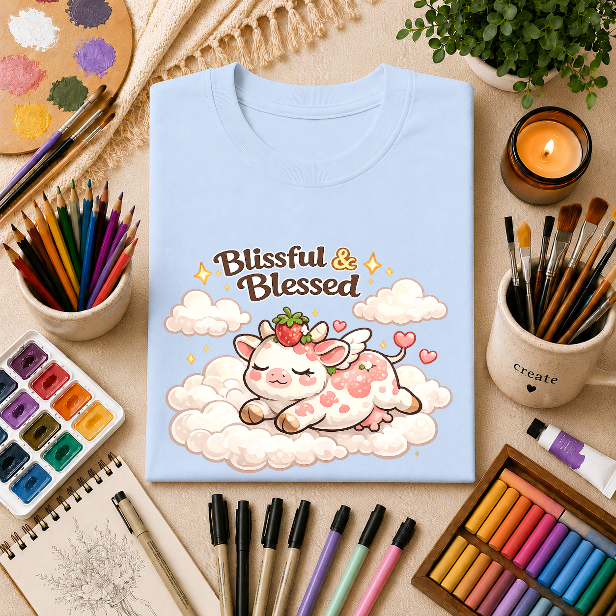 Blissful & Blessed Cute Strawberry Cow T-Shirt — Cozy Gift Tee