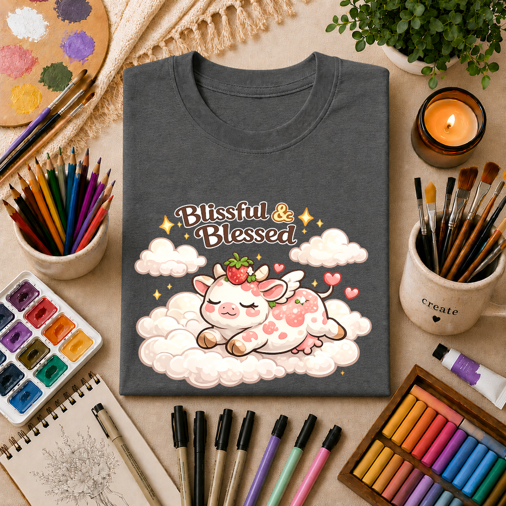 Blissful & Blessed Cute Strawberry Cow T-Shirt — Cozy Gift Tee