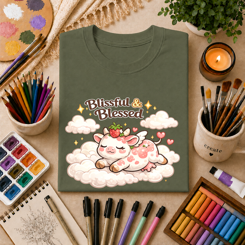Blissful & Blessed Cute Strawberry Cow T-Shirt — Cozy Gift Tee