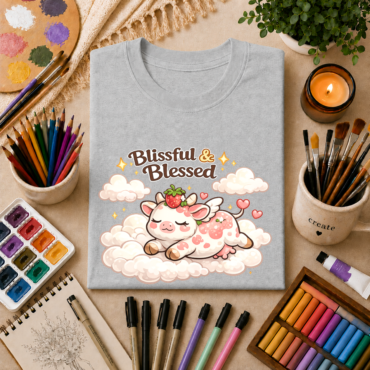 Blissful & Blessed Cute Strawberry Cow T-Shirt — Cozy Gift Tee