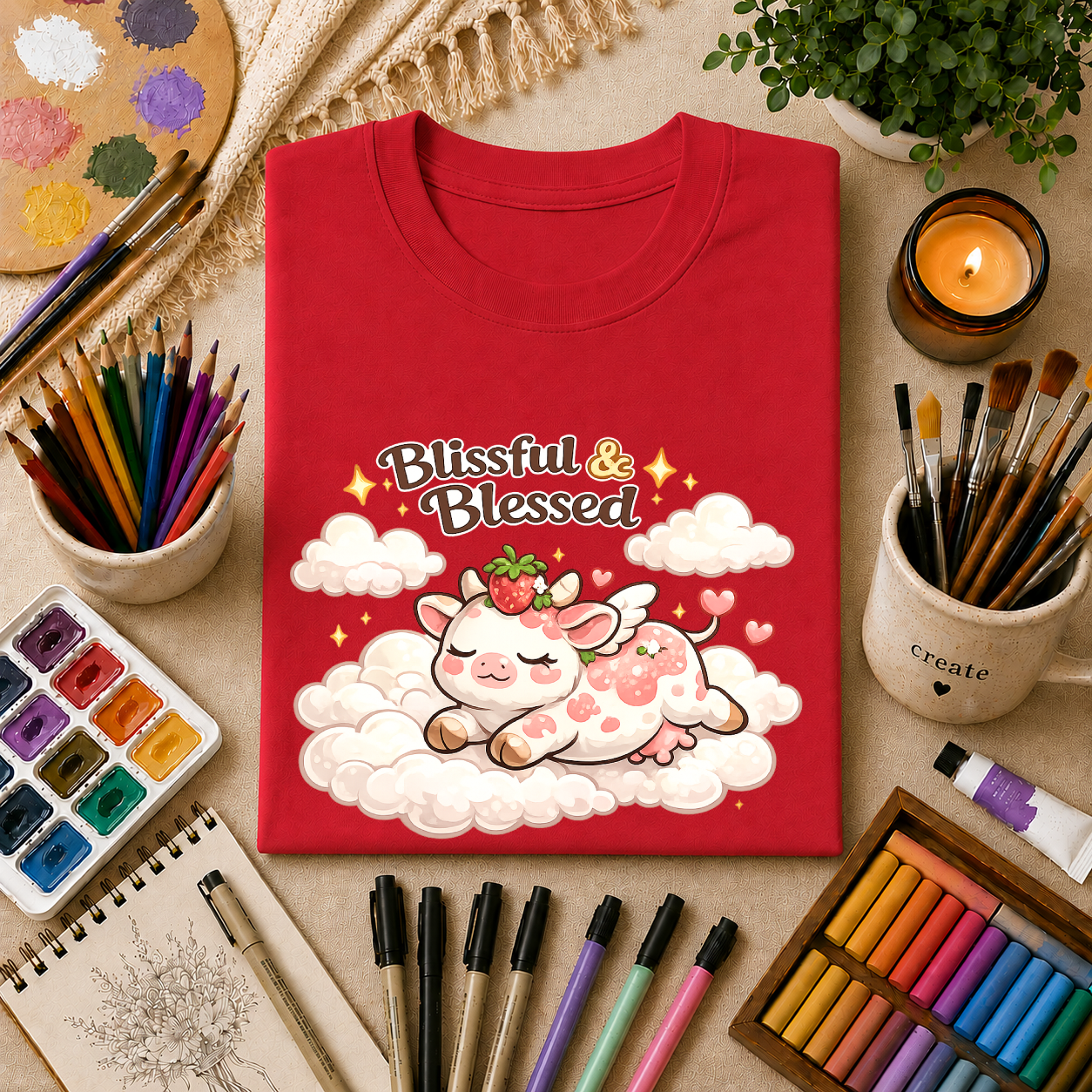 Blissful & Blessed Cute Strawberry Cow T-Shirt — Cozy Gift Tee