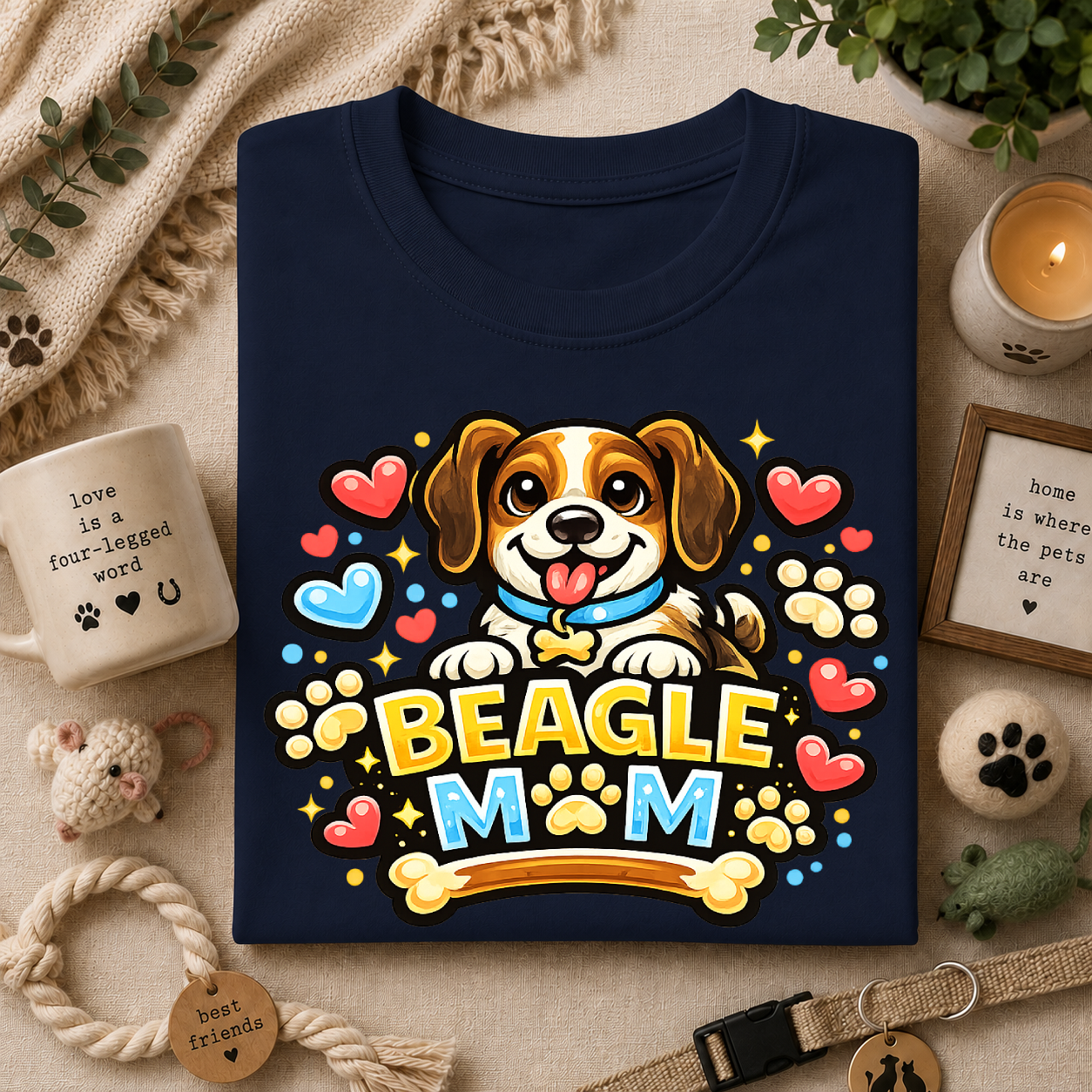 Beagle Mom T-Shirt — Cute Cartoon Paw & Heart Dog Mom Tee