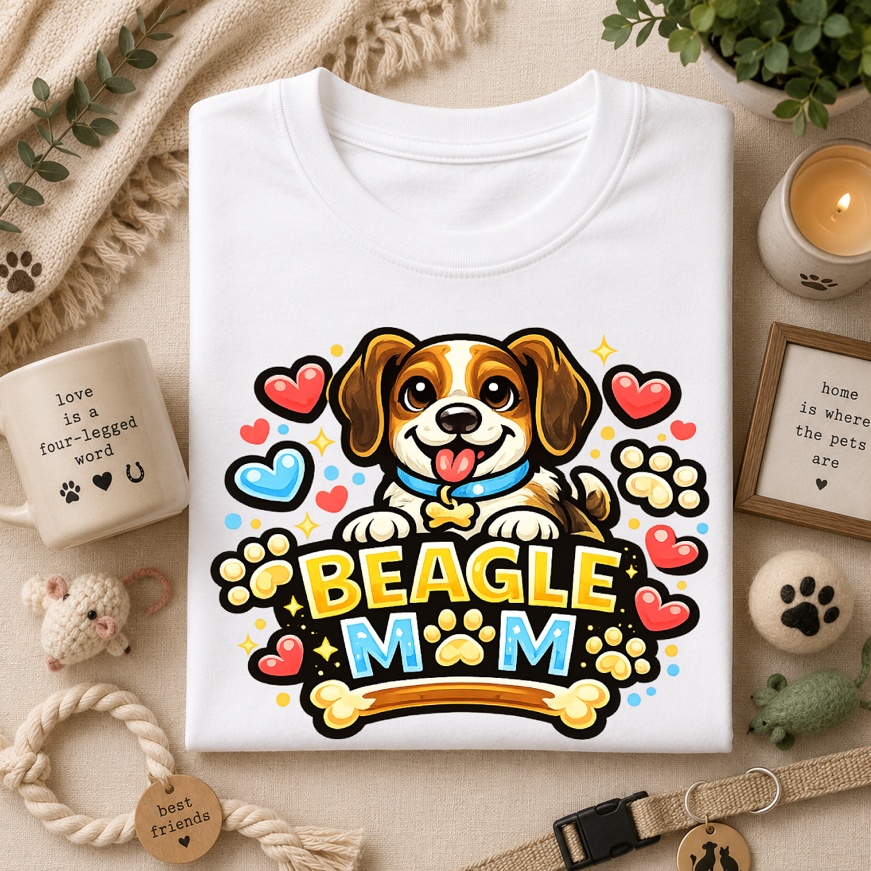 Beagle Mom T-Shirt — Cute Cartoon Paw & Heart Dog Mom Tee