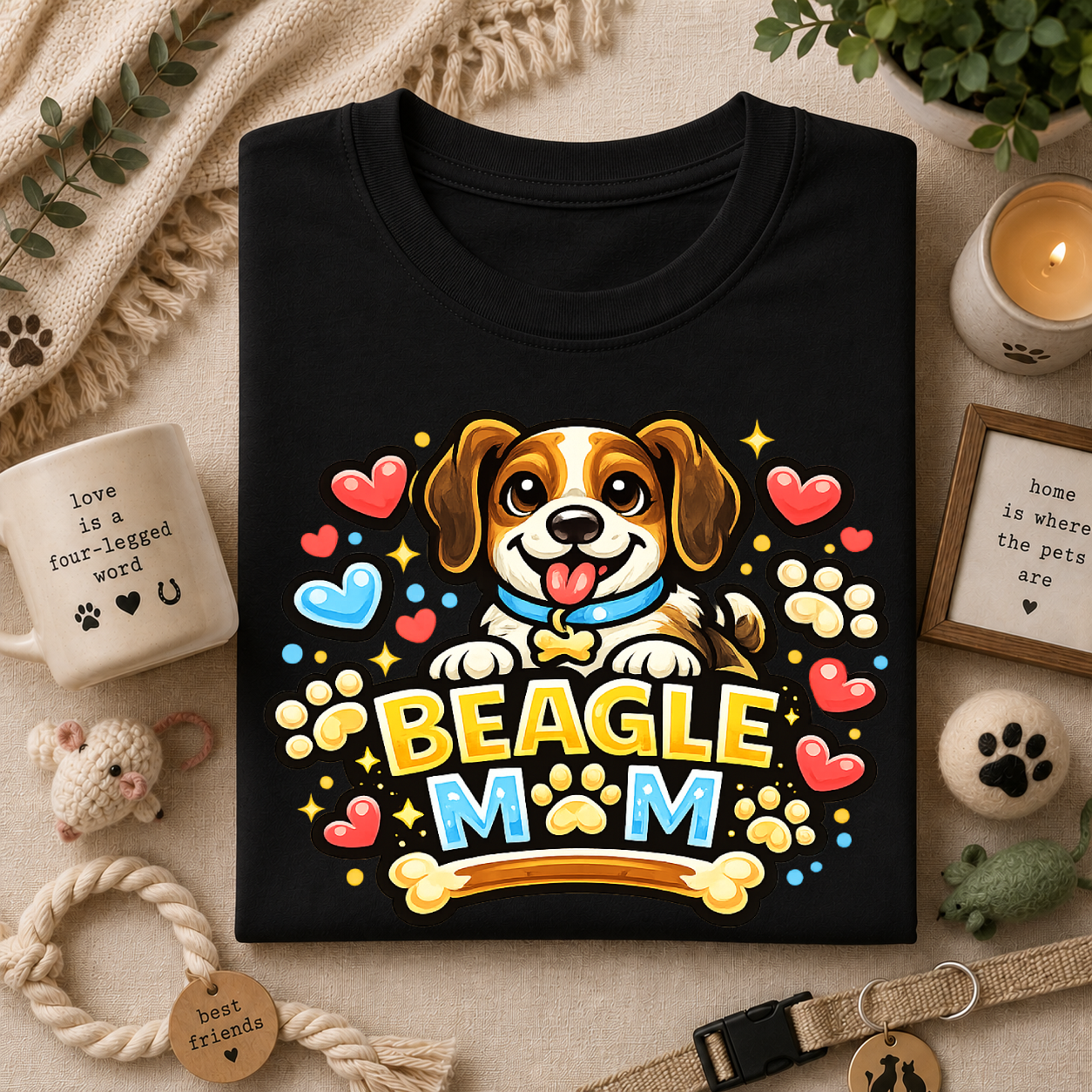 Beagle Mom T-Shirt — Cute Cartoon Paw & Heart Dog Mom Tee