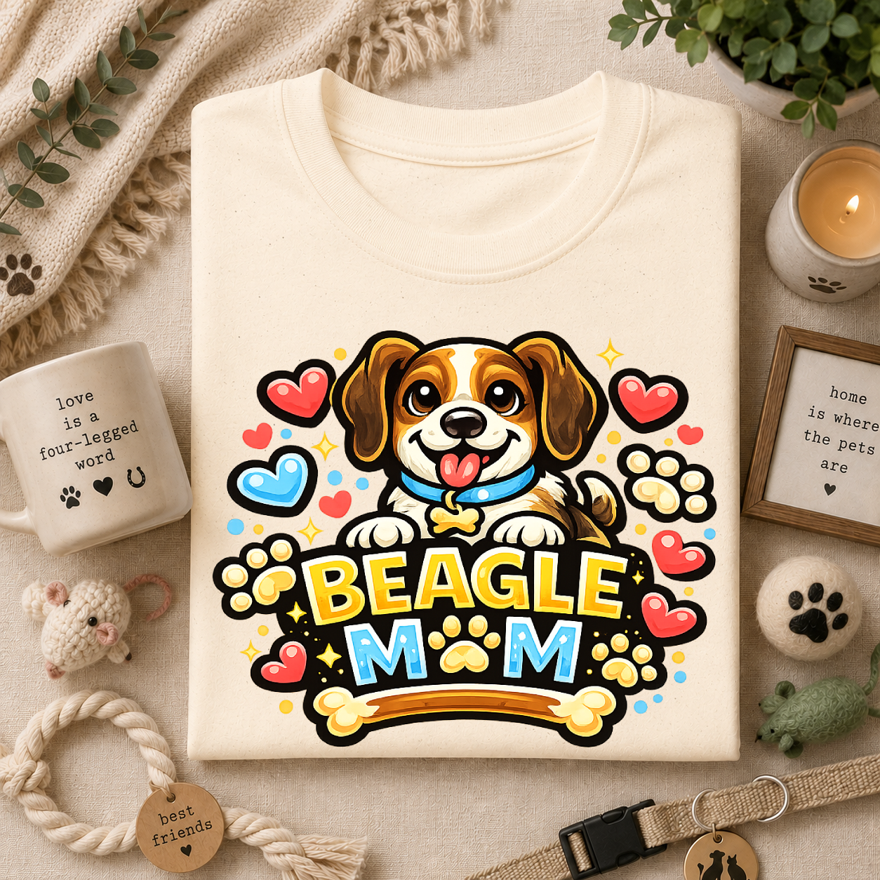 Beagle Mom T-Shirt — Cute Cartoon Paw & Heart Dog Mom Tee