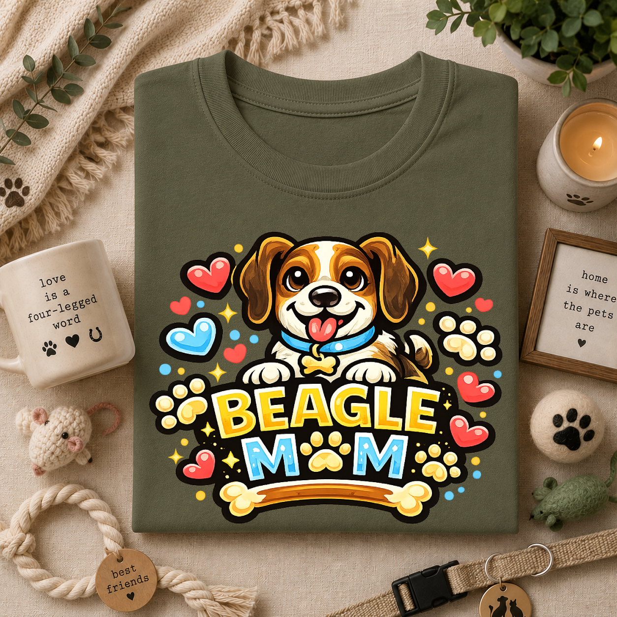 Beagle Mom T-Shirt — Cute Cartoon Paw & Heart Dog Mom Tee