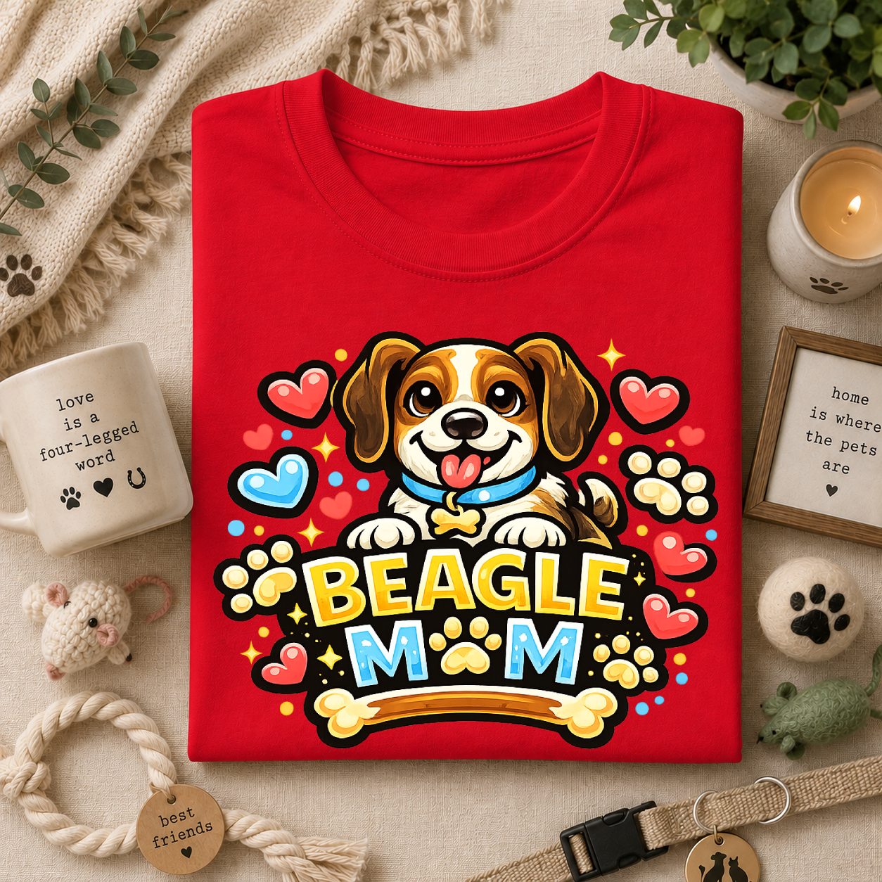 Beagle Mom T-Shirt — Cute Cartoon Paw & Heart Dog Mom Tee