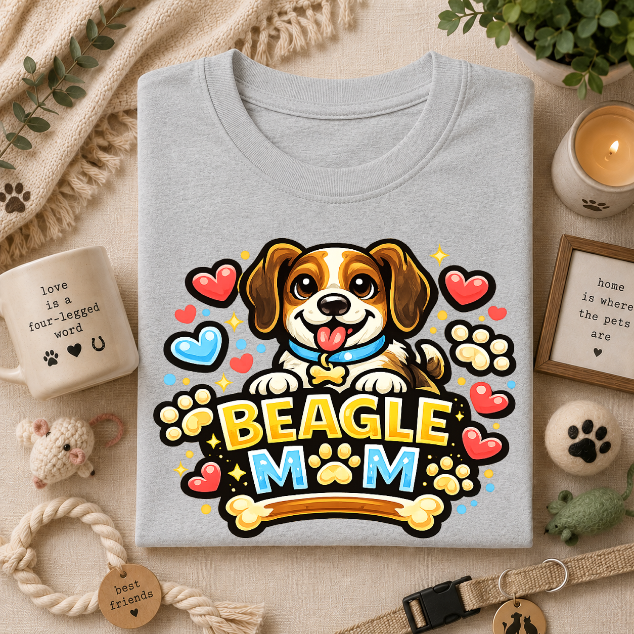 Beagle Mom T-Shirt — Cute Cartoon Paw & Heart Dog Mom Tee