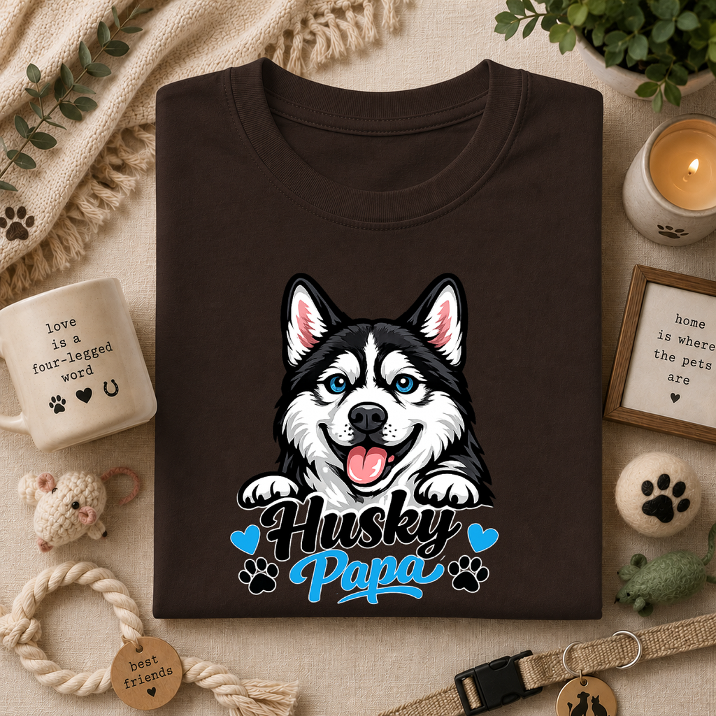 Husky Papa T-Shirt — Cute Siberian Husky Graphic Tee for Dog Dads