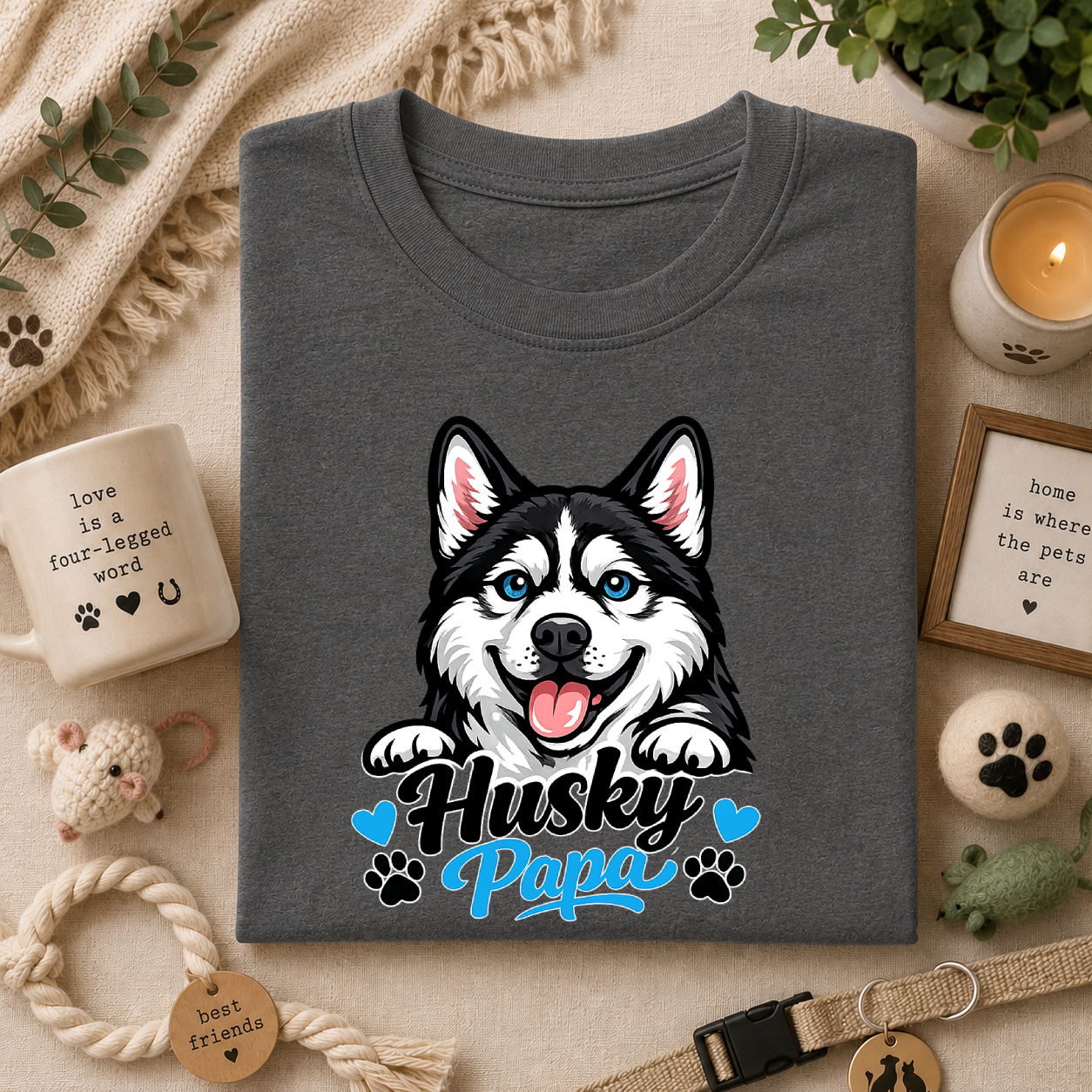 Husky Papa T-Shirt — Cute Siberian Husky Graphic Tee for Dog Dads
