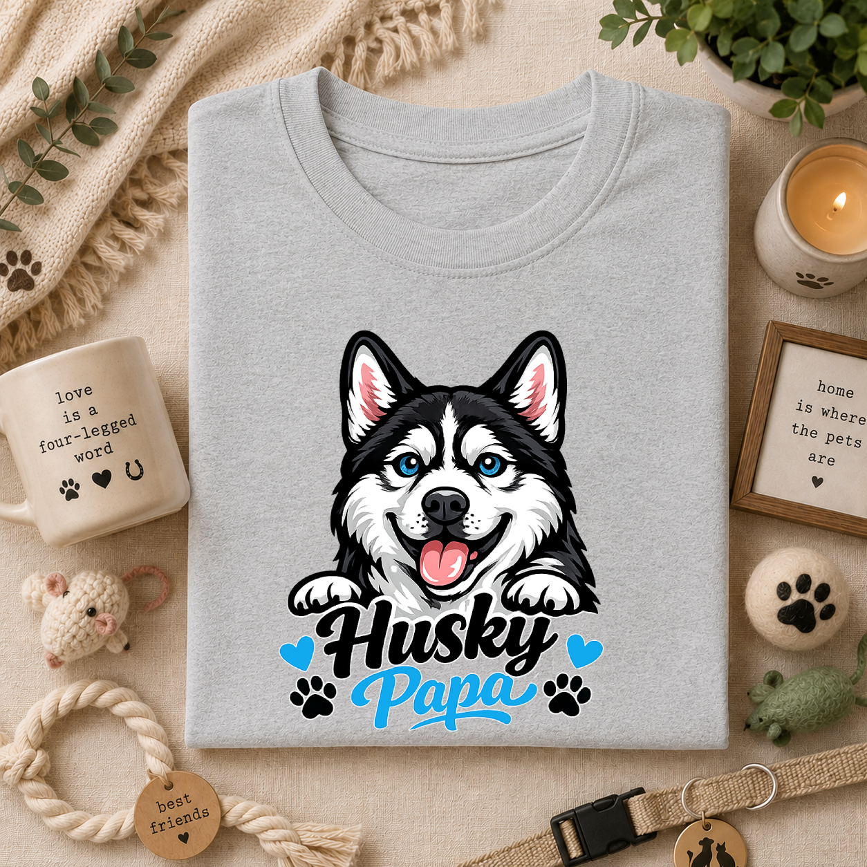 Husky Papa T-Shirt — Cute Siberian Husky Graphic Tee for Dog Dads