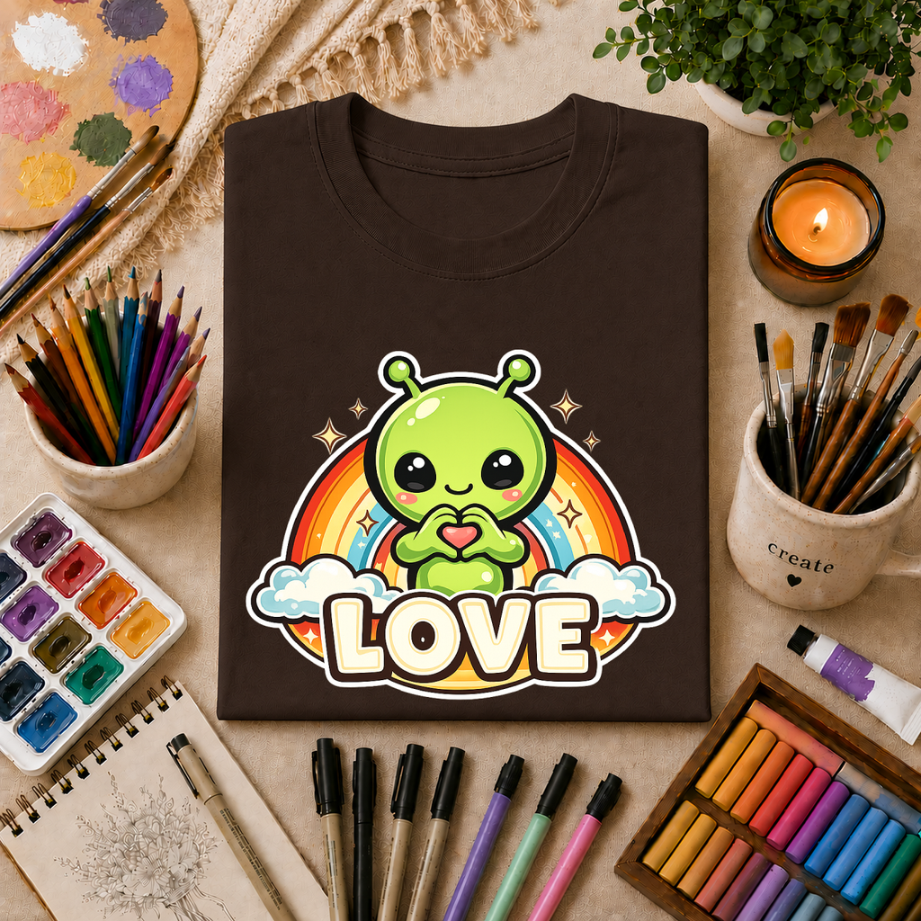 Alien Heart Tee — Green Alien with Rainbow & "LOVE" Graphic