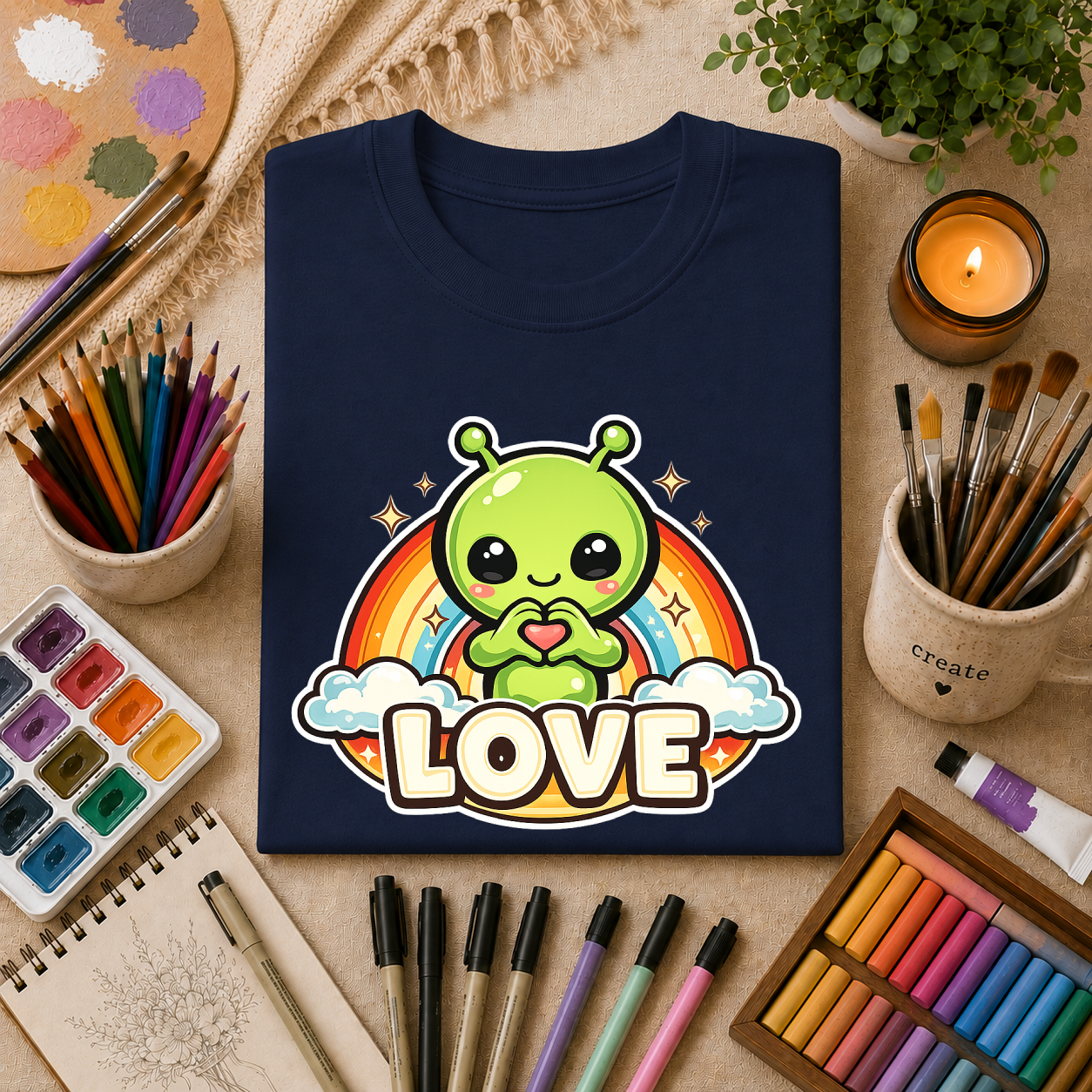 Alien Heart Tee — Green Alien with Rainbow & "LOVE" Graphic