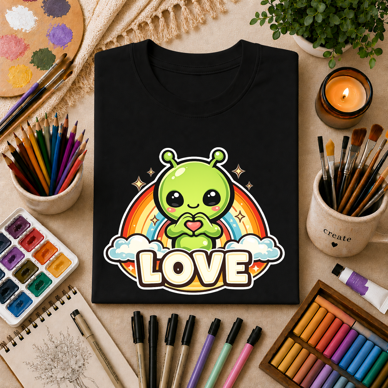 Alien Heart Tee — Green Alien with Rainbow & "LOVE" Graphic