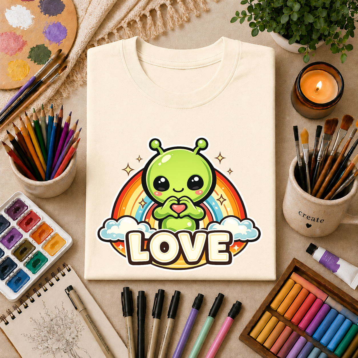 Alien Heart Tee — Green Alien with Rainbow & "LOVE" Graphic