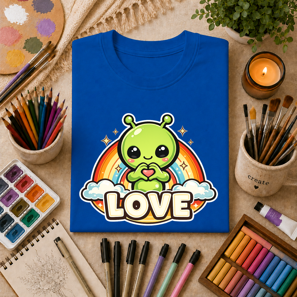 Alien Heart Tee — Green Alien with Rainbow & "LOVE" Graphic