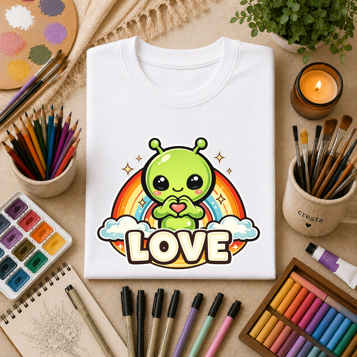 Alien Heart Tee — Green Alien with Rainbow & "LOVE" Graphic