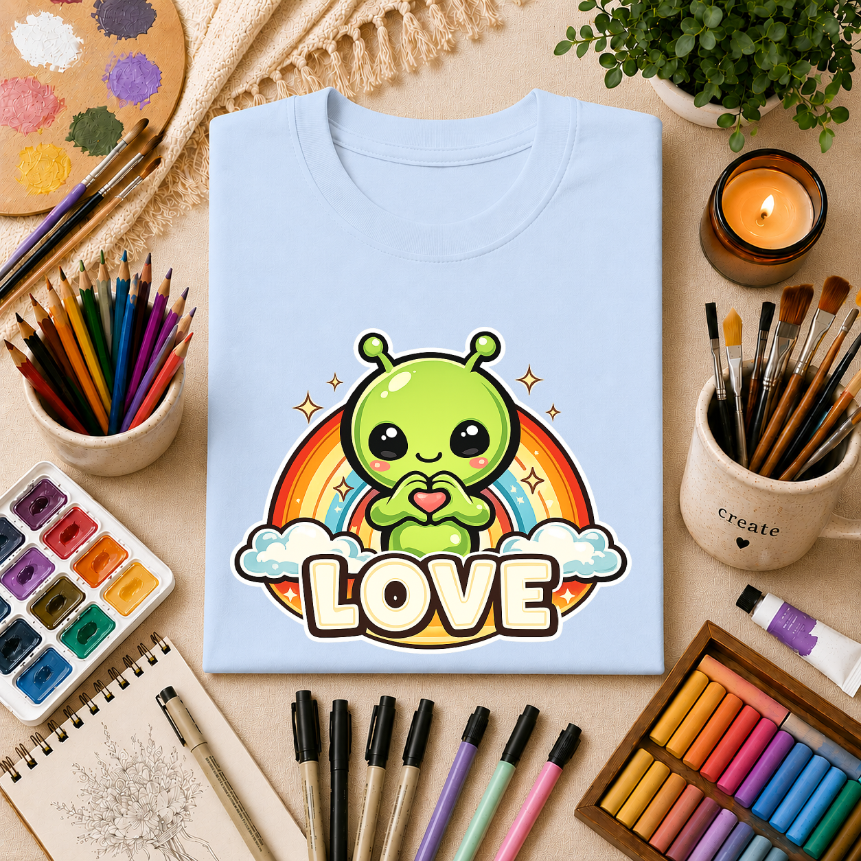 Alien Heart Tee — Green Alien with Rainbow & "LOVE" Graphic
