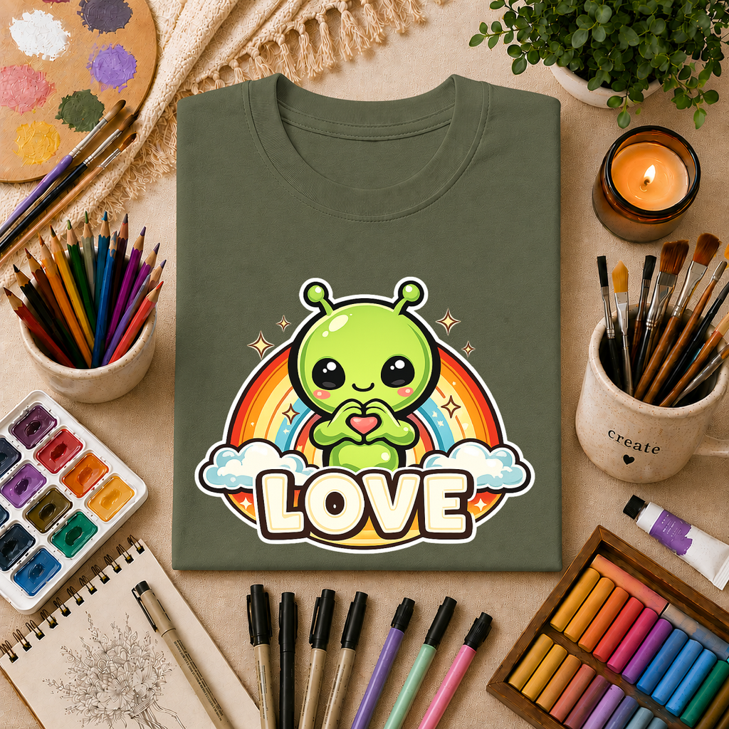 Alien Heart Tee — Green Alien with Rainbow & "LOVE" Graphic