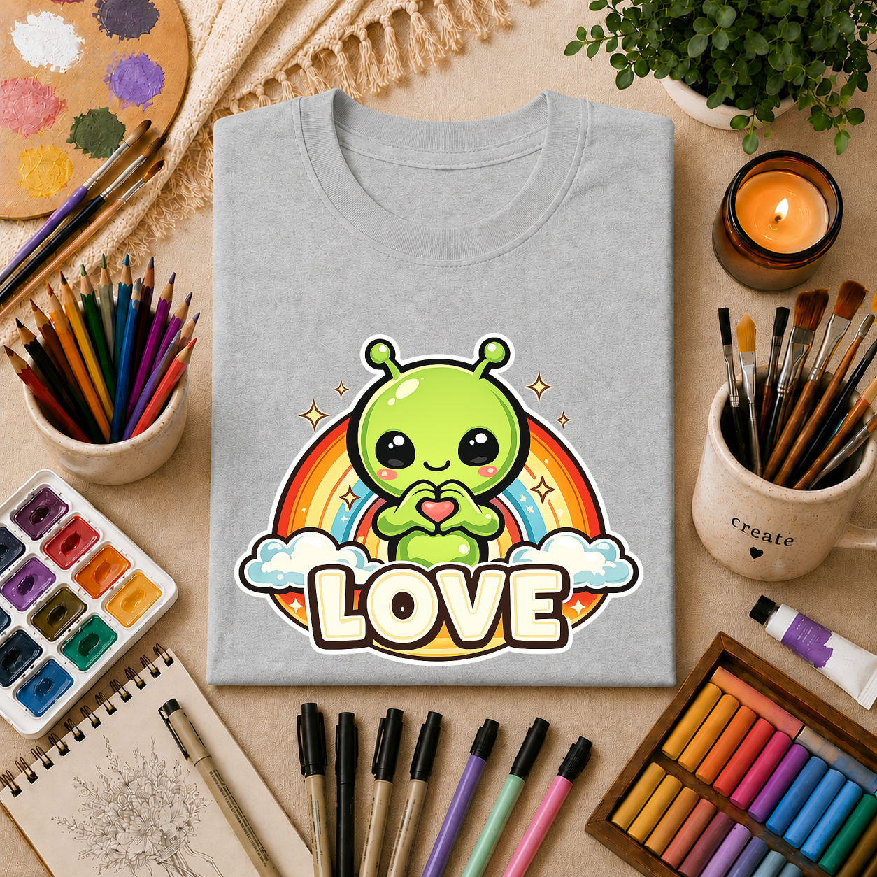 Alien Heart Tee — Green Alien with Rainbow & "LOVE" Graphic