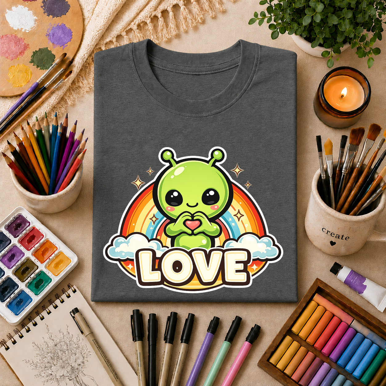 Alien Heart Tee — Green Alien with Rainbow & "LOVE" Graphic