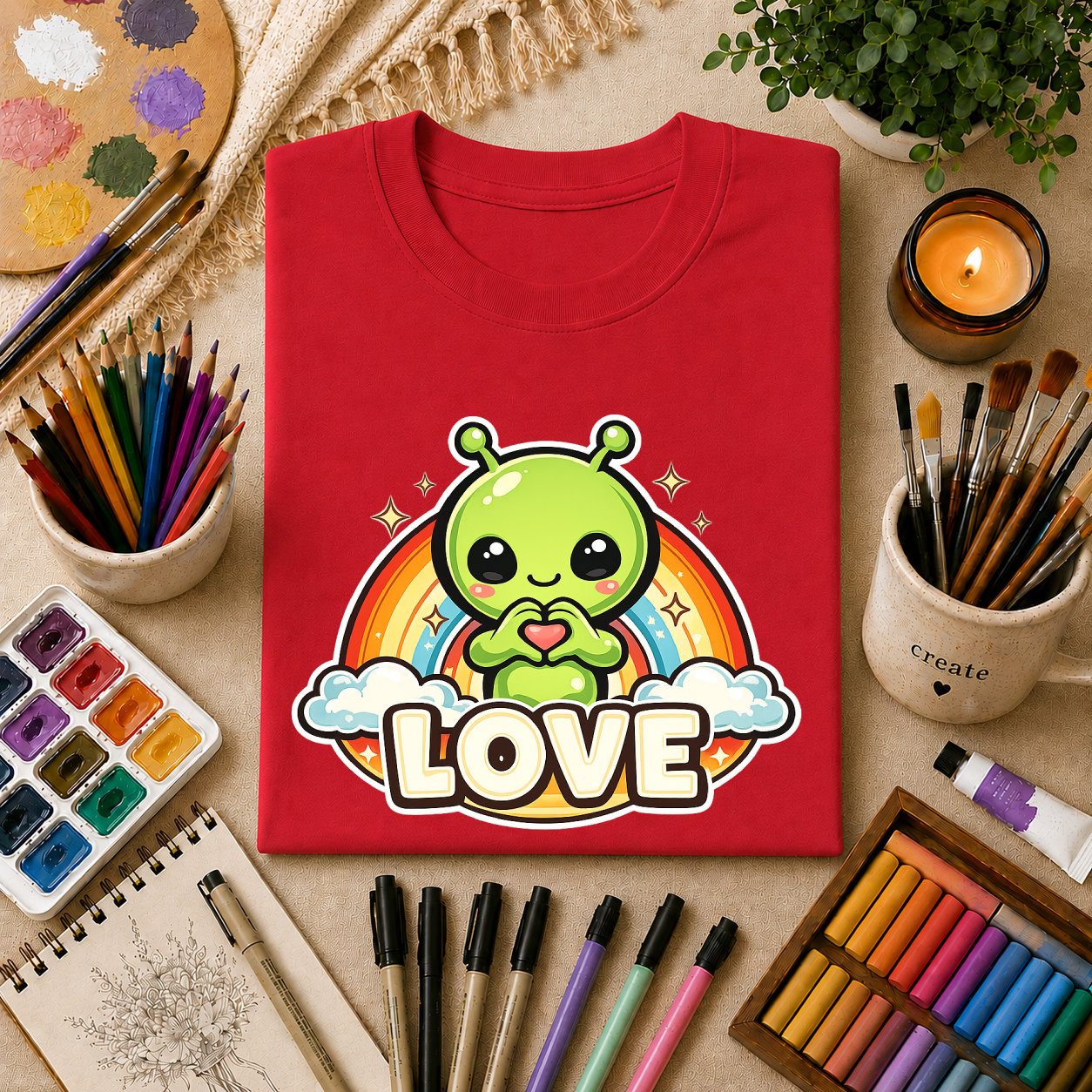 Alien Heart Tee — Green Alien with Rainbow & "LOVE" Graphic