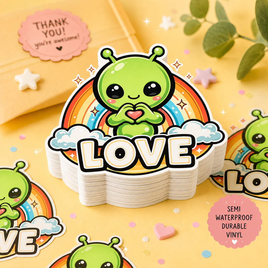 Cute Alien 'Love' Kiss-Cut Sticker – Rainbow Heart Laptop Decal