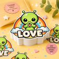 Cute Alien 'Love' Kiss-Cut Sticker – Rainbow Heart Laptop Decal