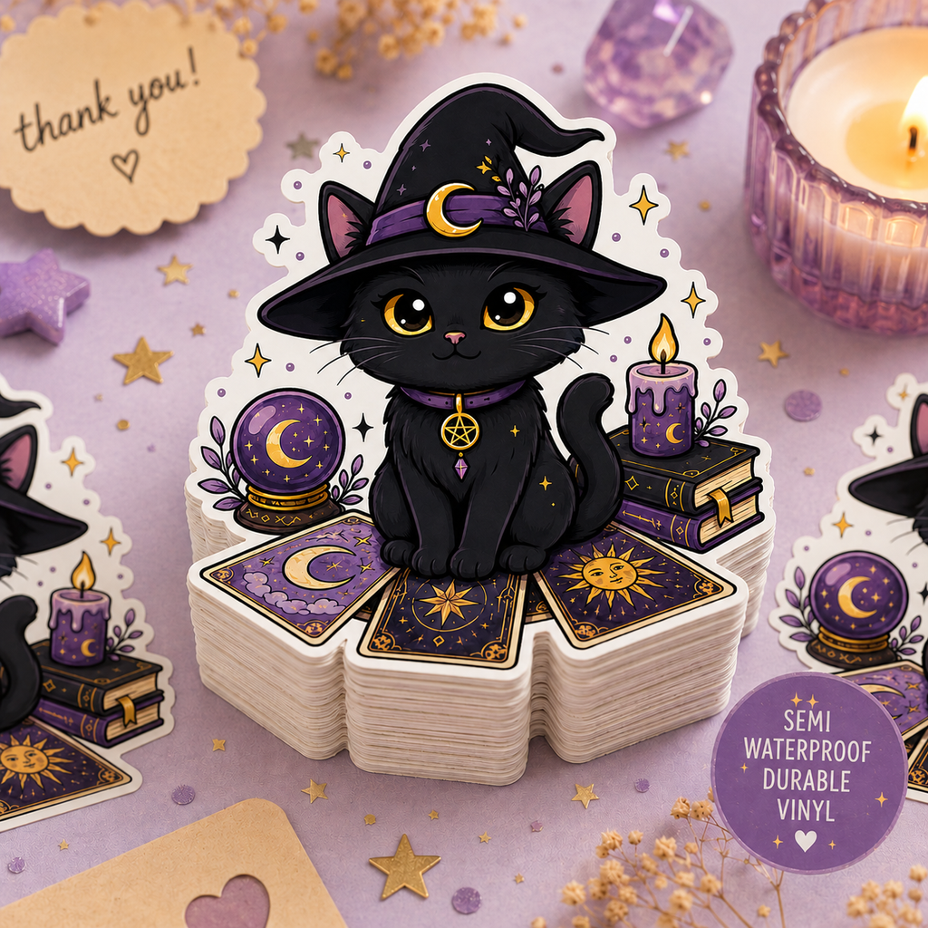 Witch Cat Tarot Sticker — Cute Black Cat Witch Kiss-Cut Sticker