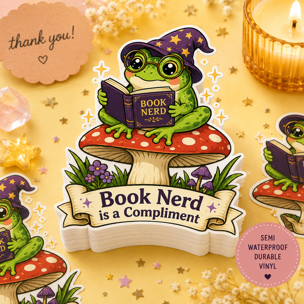 Book Nerd is a Compliment Frog Sticker — Cute Reading Kawaii Kiss-Cut Vinyl Sticker