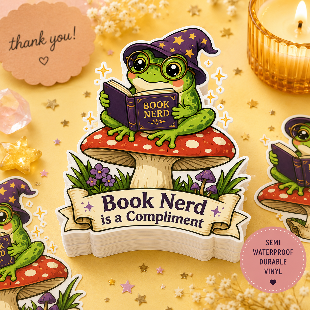 Book Nerd is a Compliment Frog Sticker — Cute Reading Kawaii Kiss-Cut Vinyl Sticker