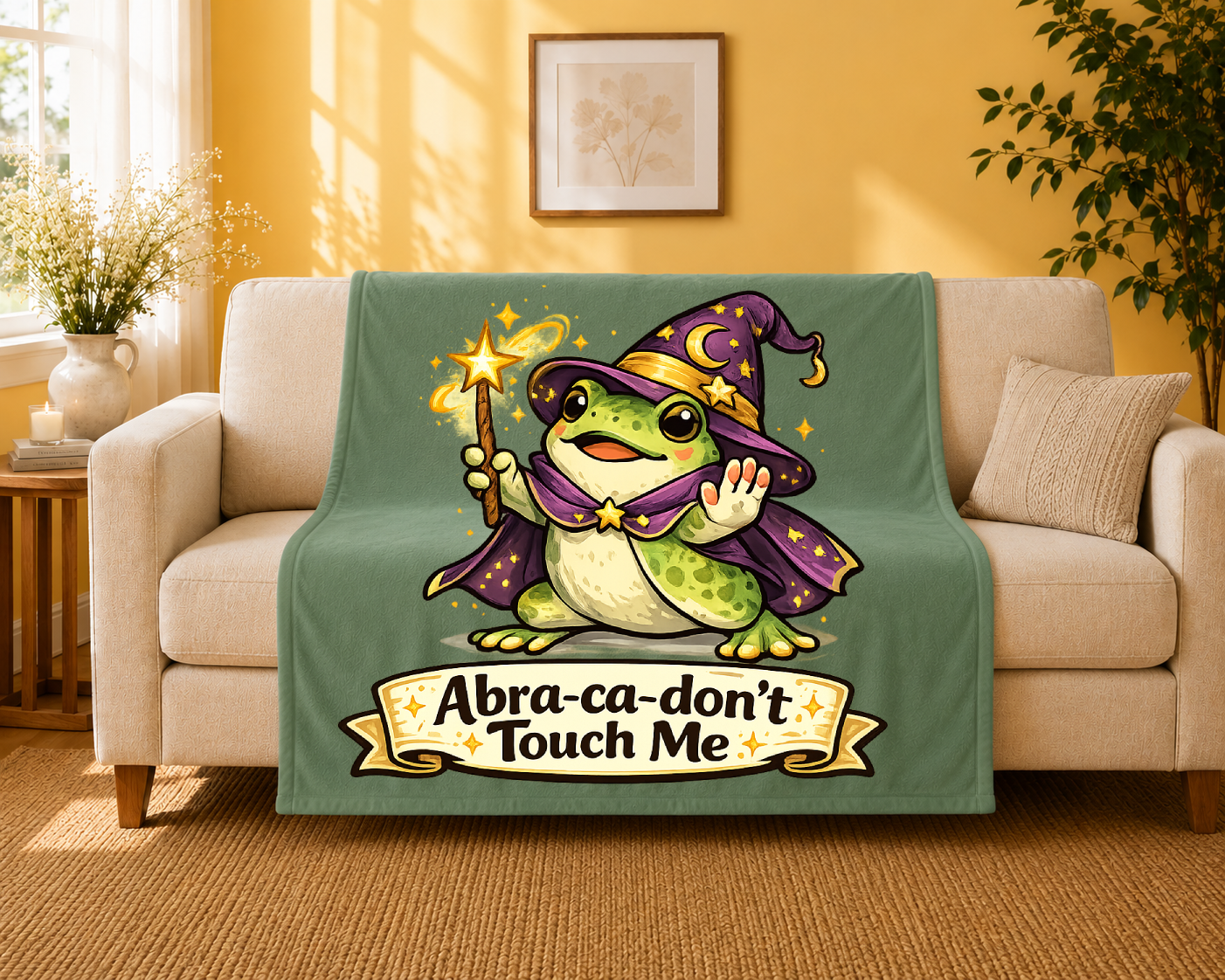 Velveteen Throw Blanket — Cute Wizard Frog "Abra-ca-don't Touch Me" Plush Throw