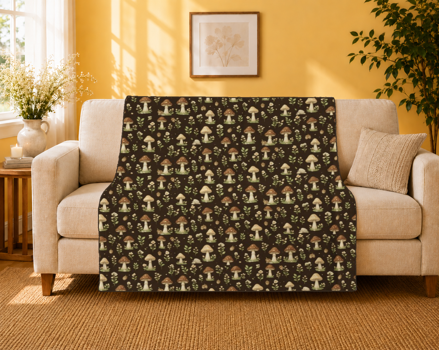Cottagecore Mushroom Garden Velveteen Plush Blanket – Cozy Forest Pattern Throw