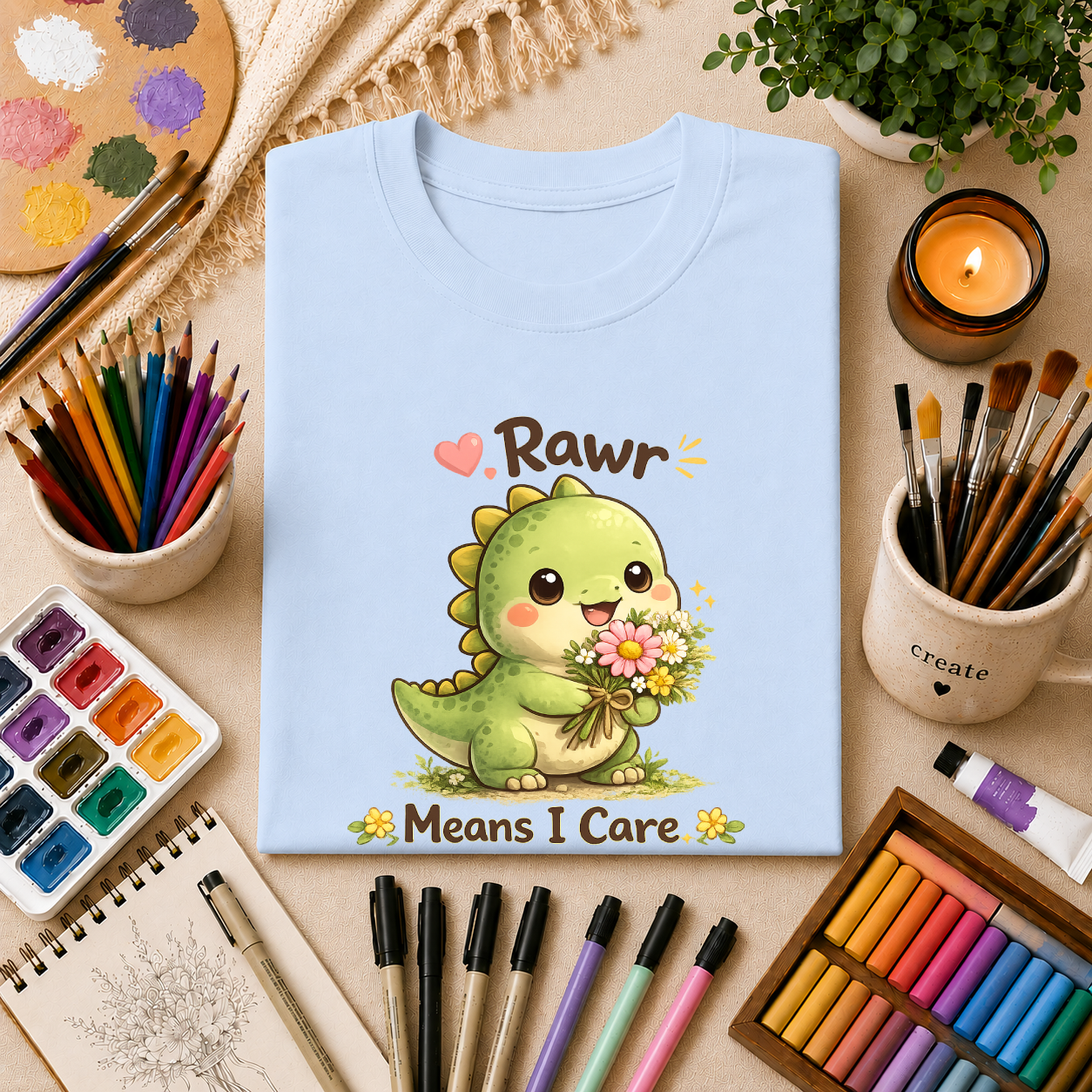 T-Shirt — Cute 'Rawr Means I Care' Dino Graphic Tee