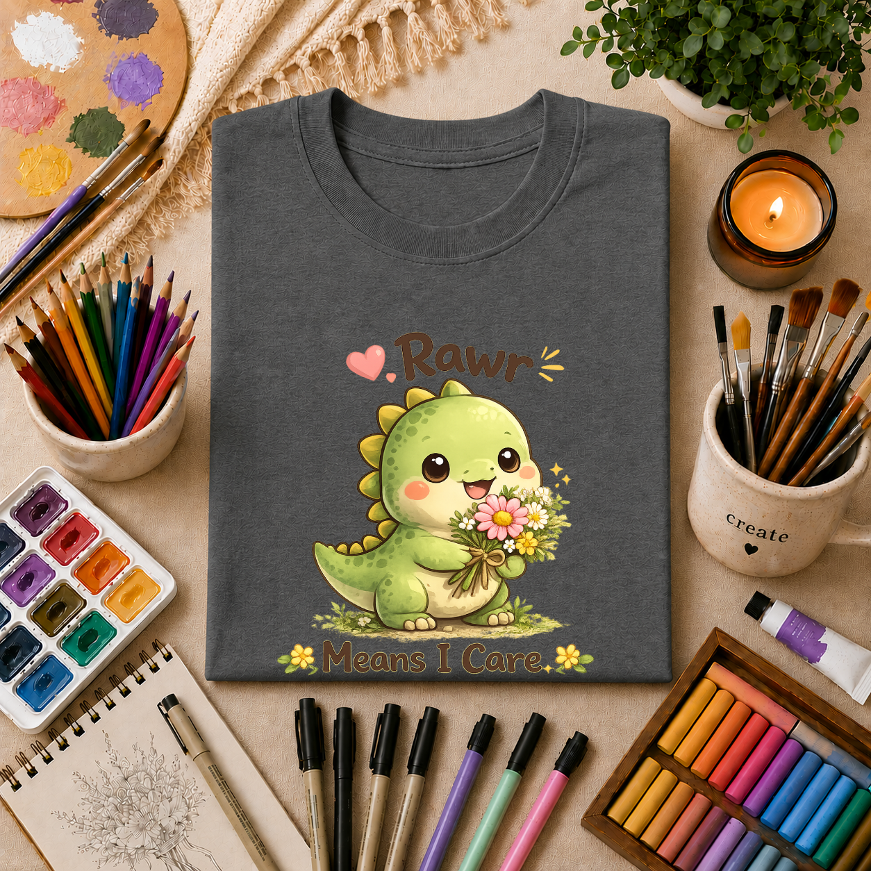 T-Shirt — Cute 'Rawr Means I Care' Dino Graphic Tee