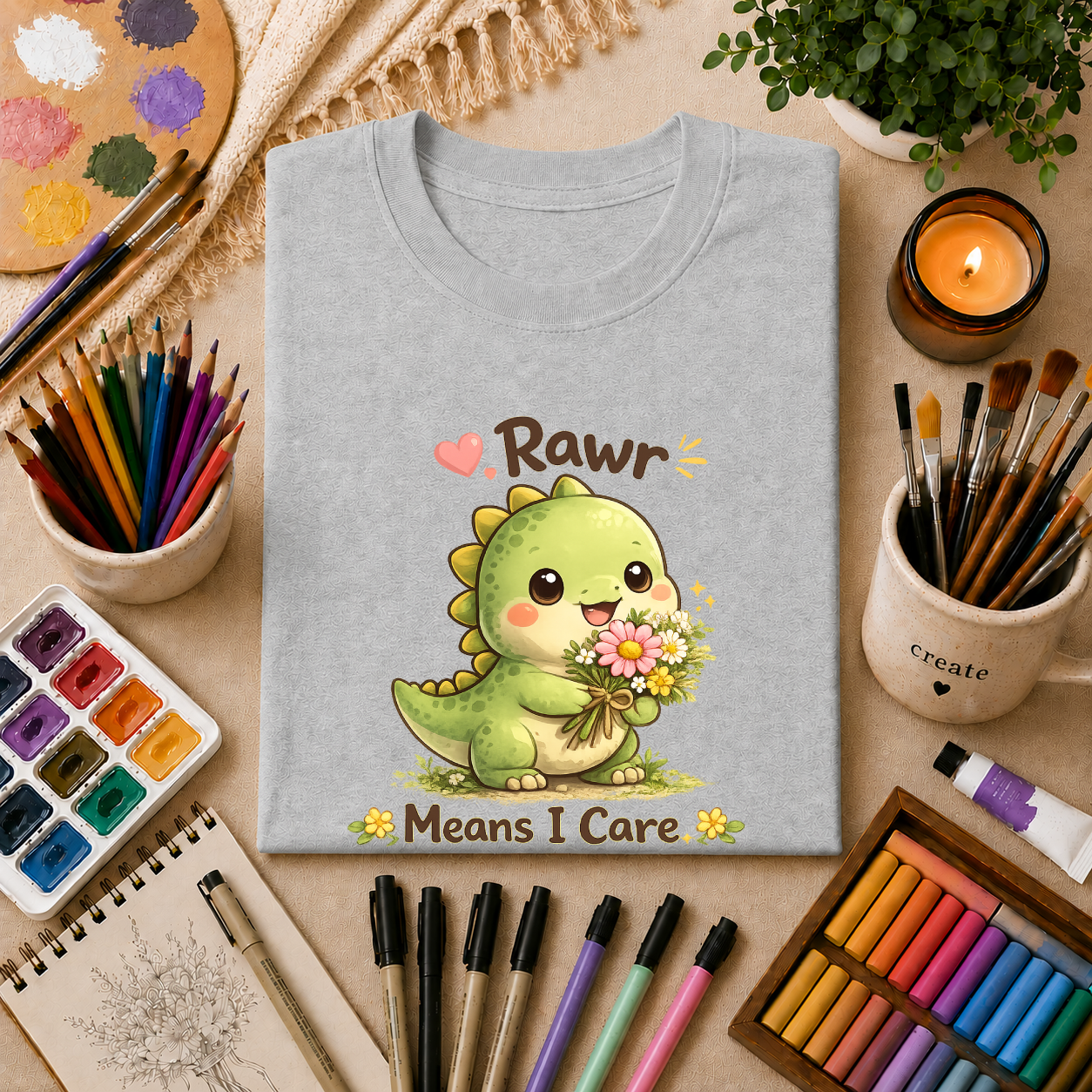 T-Shirt — Cute 'Rawr Means I Care' Dino Graphic Tee