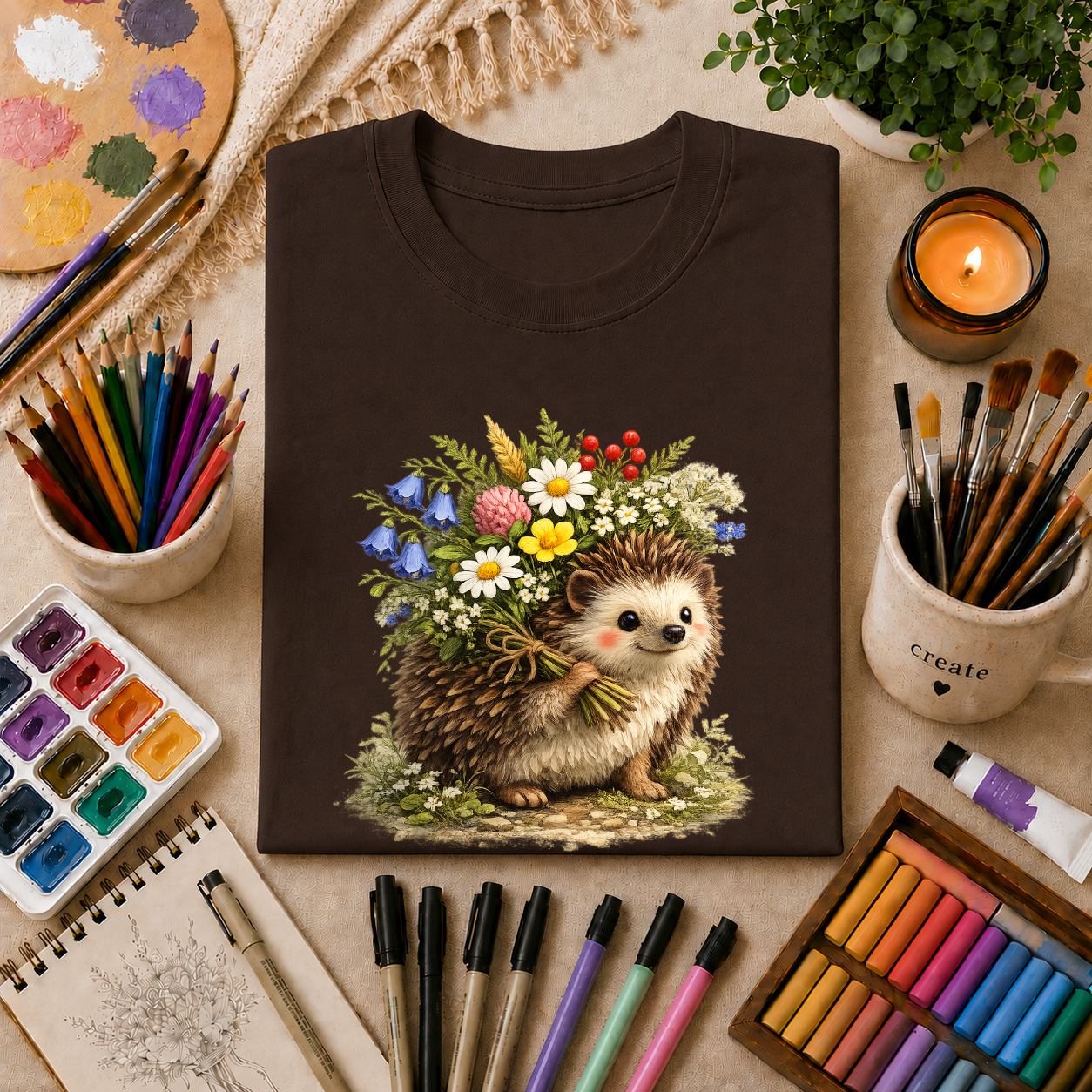 Cottagecore Hedgehog with Wildflower Crown T-Shirt