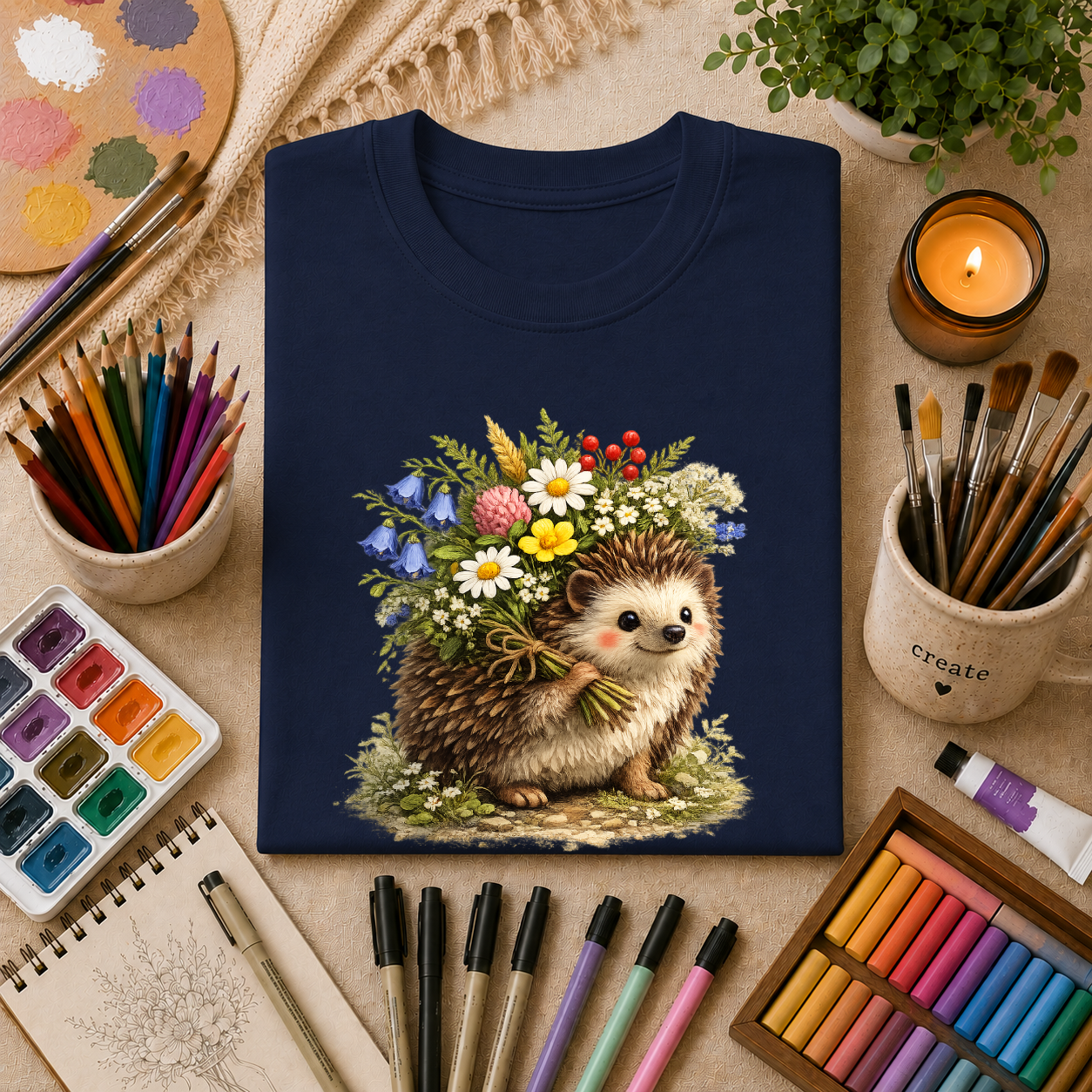 Cottagecore Hedgehog with Wildflower Crown T-Shirt